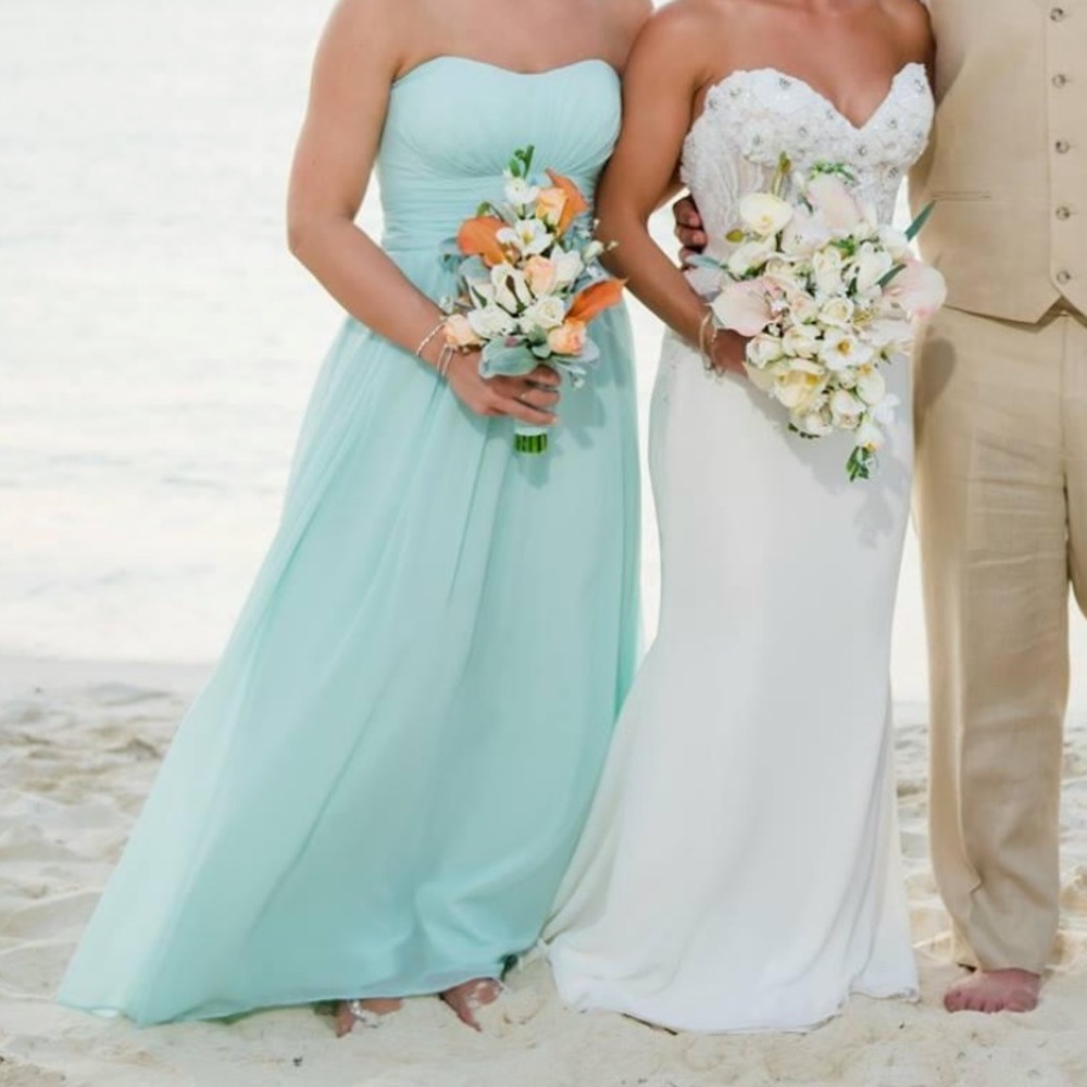 Bill Levkoff “mist” green chiffon bridesmaids dress